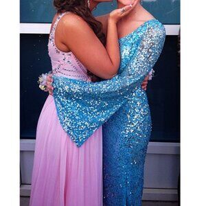 Precious Formals Blue Sequin One Shoulder Long Sleeve Leg Slit Prom Dress